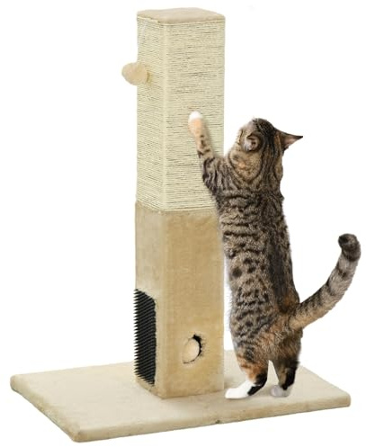 PawHut Kratzbaum 79 cm Hoch Kratzsäule Kratzstamm mit Fellbürsten 2 Spielball, Sisalseil, Katzenkratzbaum Katzenbaum für mittelgroße Katzen, Beige