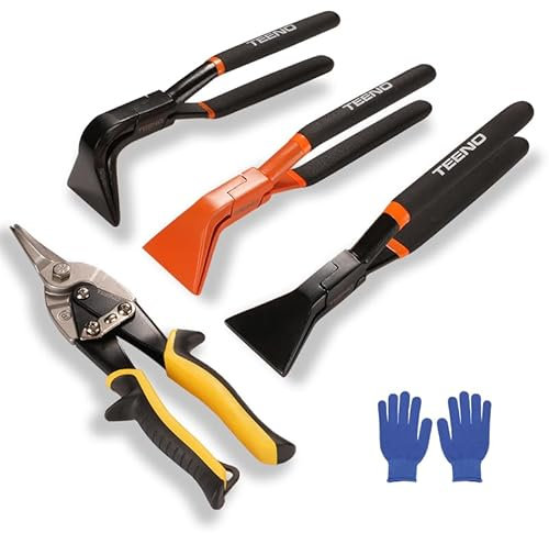 TEENO 4 Pezzi Piega Lamiera Manuale con Cesoie per Lamiera Forbici, Set di pinze pieghevoli per lamiere 0°, 45° E 90°, Cr-V cesoie ad azione composta, con un Paio di Guanti