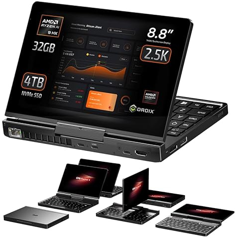 GPD Pocket 4: Miniportátil con CPU AMD Ryzen AI 9 HX 370, GPU Radeon 890M, 32 GB de RAM LPDDR5X, 4 TB de SSD PCIe Gen4, Pantalla de 8,8 Pulgadas 2,5K a 144 Hz, Wi-Fi 6E, Bluetooth 5.3