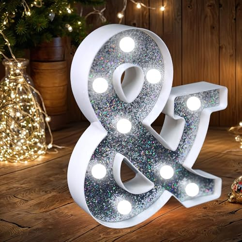 LED Marquee Letter Lights, Light Up Silver Glitter Letters Sign Battery Powered Night Light for Birthday Party Wedding Home Decoration Baby Shower-&