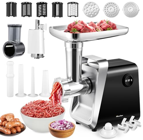 Hanchen Tritacarne Elettrico 6 in 1 con tubo per salsicce, 3 Dischi di Macinazione in Acciaio Inox, Accessori per Biscotti, Accessori per Kubbe, Testa per Succo di Pomodoro, Taglia Verdure Elettrico