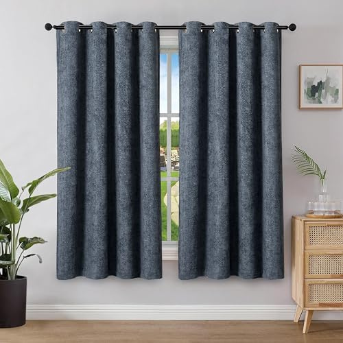 HIG Chenille Verdunklungsvorhänge mit Ösen 2er Set, H175 x B140 cm, Blau Dicke Doppellagige Blickdicht Gardine Thermovorhänge für Wohnzimmer Schlafzimmer Kinderzimmer, Kälteschutz Geräuschdämpfend