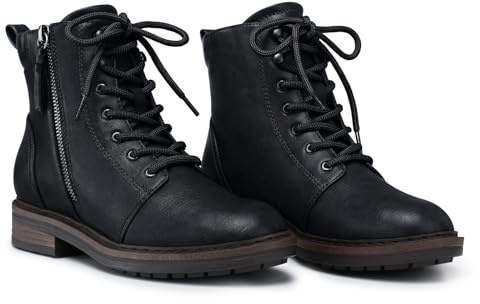 SHIBEVER Black Ankle Boots for Women Comfortable Lace-up Fall Fashion Combat Boots 2025 Low Heel Lug Sole Zipper Short Booties size 8.5