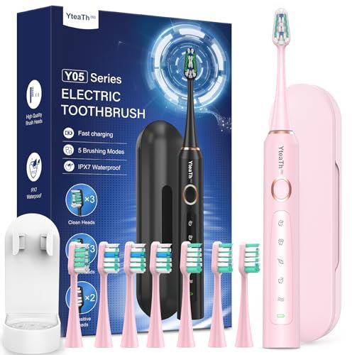 Electric Toothbrush for Kids and Women - Sonic Electric Toothbrushes with 8 Toothbrush Heads (3 Types), 90 Days Battery Life, 5 Brushing Modes, Travel Case, 2 Minute Smart Timer