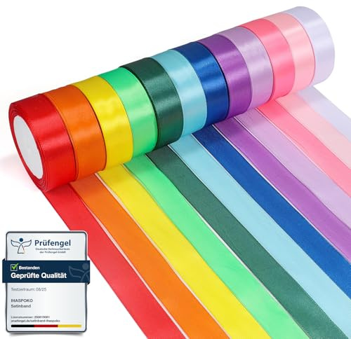 ihaspoko 12 Nastri in Satin di Poliestere, 25 mm x 22 m, Nastro Decorativo per Fai da Te e Artigianato, Confezione Regali, Fiocchi, Decorazioni Matrimonio