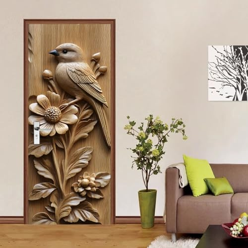 TüRtapete Selbstklebend TüRposter TüRaufkleber Tapete, Wandaufkleber für Schlafzimmer, Heimdekoration, wasserfest, abnehmbares Premium Vinyl Upgrade, Blume und Vogel in Holzoptik