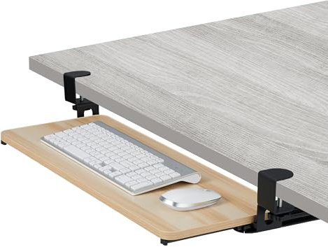 Relaxdays Tangentbordshylla, 65 x 24 cm, utdragbar, klämbar, ergonomisk, tangentbord förvaringslåda, underkonstruktion, träutseende, natur