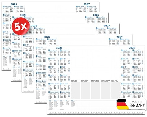 PRIMUS PRINT Schreibtischunterlage Papier DIN A2-2026 & 2027 Jahreskalender - 80g Dickes Naturpapier - Stabiler Papprücken - 25 Blatt - ohne Schutzleiste - Büro und Homeoffice [5er Set]