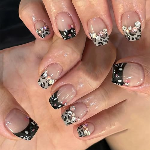 Virellay Lot de 24 faux ongles courts à presser - Motif léopard noir brillant avec strass 3D - Couverture complète - Nail art décoratif pour femme