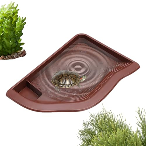 Reptilvattenskål – (24,2 x 16,5 x 2,8 cm) sköldpadda badhandfat | semi-vattensköldpaddspool, klättring husdjursskål för ormar, skäggiga drakar och akvariumlandskap