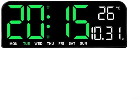 Eawfgtuw Réveil numérique LED avec double alarme, affichage de la température, date, compte à rebours, luminosité automatique, montage mural ou de bureau pour la maison (vert) 24 x 9 cm