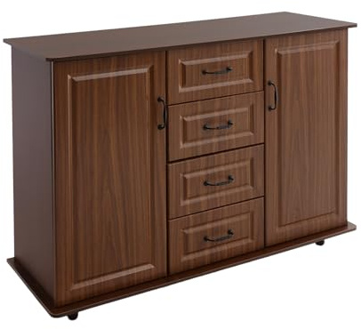 Cómoda con 4 cajones y 2 puertas, aparador moderno con mucho espacio de almacenamiento, armario auxiliar para salón, cocina, comedor, 120 x 40 x 91 cm (color nogal oscuro)