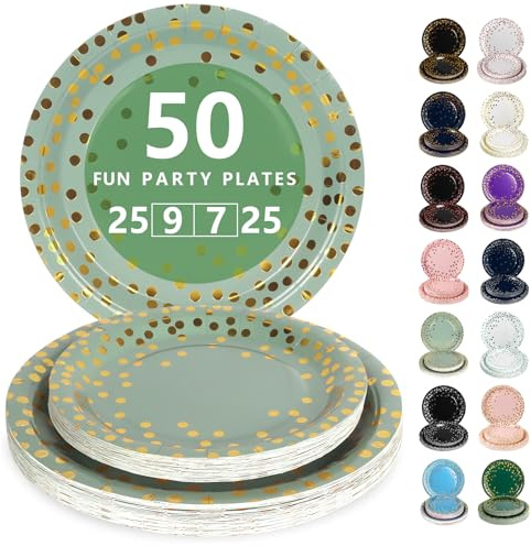 Nkaiso 50 Stück Salbeigrün und Gold Einweg Pappteller | Partygeschirr Set Mit 23cm Party Teller, 18cm Dessertteller, Elegantes Einweggeschirr für Jubiläums, Hochzeiten, Geburtstag