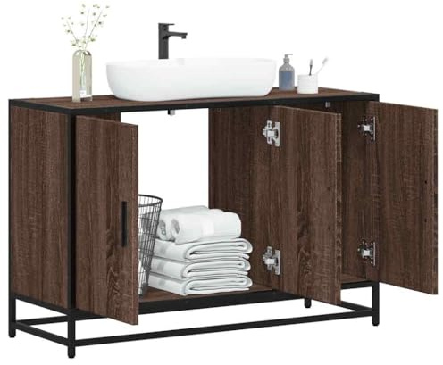 IBUQDDV Mobile Lavabo Bagno con Struttura Metallo Rovere Marrone, Mobile per Lavabo Truciolato Resistente Umidità, Mobile Bagno Design Industriale 90x33x60 cm