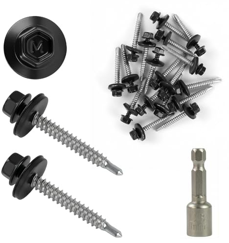 DTLLCZP 100 stycken självborrande plåtslagsskruvar trapetsplåtskruvar betongskruvar plåtskruvar självgängande med EPDM-tätningsbricka svart 4,8 x 38 mm innehåller 1 sexkantig hylsa