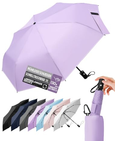 LILAC Regenschirm Klein Stabil Windfest, 110cm Taschenschirm Auf-Zu-Automatik, Kompakter Reiseschirm mit Klettverschluss & Karabiner, Leicht Faltschirm für Damen Herren