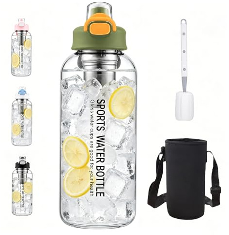 Trinkflasche Glas, 1/1.5 L Trinkflasche mit Strohhalm, Glasflasche mit Reinigungsbürste, trinkflasche spülmaschinenfest, für Fitnessstudio, Wandern, Camping, Büro, Schule (Grün, 1.5, Liter)