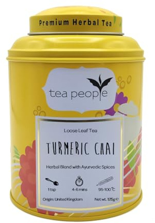 Tea People Turmeric Chai - 125g Tin Caddy (35 cups) – Caffeine Free Herbal Tea - 100% Natural Ingredients: Turmeric Root, Cinnamon, Cardamom, Liquorice, Black Pepper