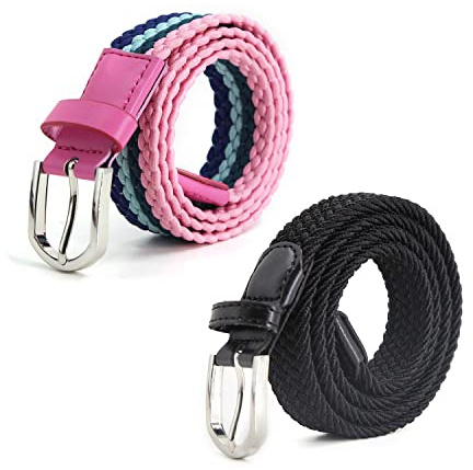 AnJuHoPa barnbälte elastiskt bälte stretchbälte för pojkar flickor, flerfärgat tygbälte kvinnor 2,5 cm bredd 80 cm längd med metallspänne, Svart & (marinblå rosa), 2PCS/Länge 80cm