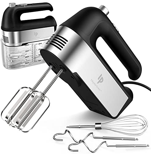 Hand Mixer Electric, 450W Kitchen Mixers with Scale Cup Storage Case, Turbo Boost/Self-Control Speed + 5 Speed + Eject Button + 5 Stainless Steel Accessories, For Easy Whipping Dough, Cream, Black