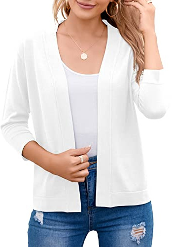 Bettysays Women's Cropped Cardigan 3/4 Sleeve Knit Sweaters Open Front Blazer Jackets for Women (Small,White)