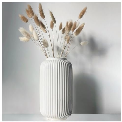 Gerippte Vase Weiß 20 cm Hoch, Modern Blumenvasen aus Keramik für Tischdeko Innenbereich, Deko Vasen für Pampasgras