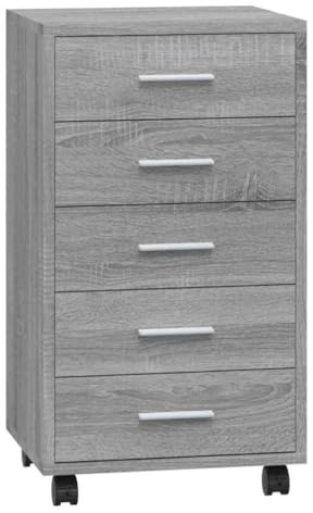 vidaXL Schubladenschrank, Kommode mit 4 Rollen, Schrank Rollcontainer mit 5 Schubladen, Aktenschrank Büroschrank, Modern, Grau Sonoma Holzwerkstoff