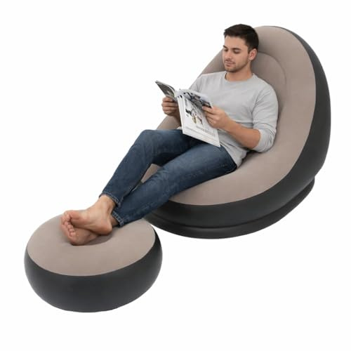 eBoutik - Deluxe Inflatable Lounge Chair & Footstool – Soft Fabric Indoor & Outdoor Lounger – Ideal for Garden, Home, Gaming – Perfect Mother’s Day & Easter Gift (Cream)