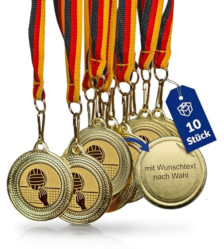 Pokal-Fabrik - Volleyball-Medaillen 10er Set Metall mit Wunschtext - Volleyballmedaille golden zum Umhängen für Siegerehrungen - Medaillen Kinder mit Deutschlandband & Emblem für Vereine & Turniere