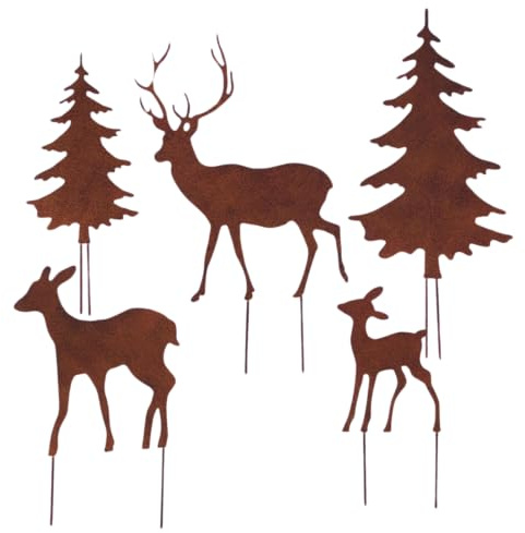 Storm's Gartenzaubereien Gartenstecker Deko Rehe und Hirsche mit 2 Tannen in Rostpotik 5er Set - Weihnachtsdeko zum Basteln - Gartendeko