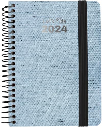 Grafoplás Terminplaner 2024 mit Wochenansicht, A6, blaue Ecojeans, spanisch, Spiralbindung, 10,5 x 14,9 cm, Hardcover, recycelter Denim, mit elastischem Verschluss, perfekt für die Planung Ihres