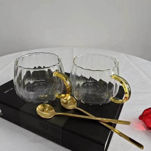 RYHMHA Coffee Mugs Set (2 Mugs+2 Spoons), 350ml,Drinking Glasses with Handle, Clear Glass Cups for Hot or Cold Drinks Like Cappuccino, Latte, Cocoa and Tea (Clear)
