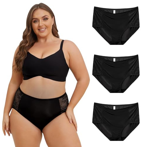 INNERSY Underbyxor, dam, stora storlekar, trosor, spets, hög midja, halkfria, tunna underkläder, 44–58, 3-pack, 3 svart, 44-46