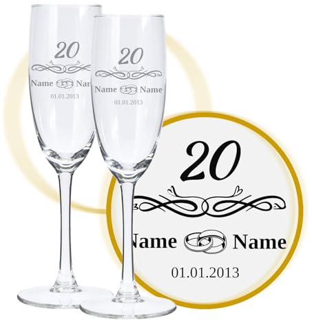 LALALO Sektglas mit Gravur 20. Hochzeitstag (2 St.), Porzellan-Hochzeit Sektgläser Geschenk personalisiert/graviert, Jahrestag (Blütenträume)