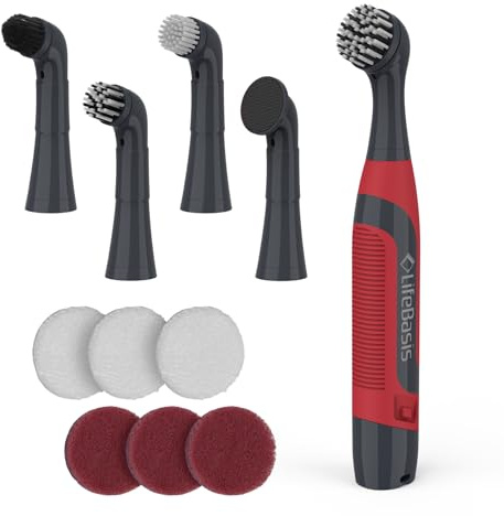 LifeBasis Cordless Electric Cleaning Brush, Mini Power Scrubber for Cleaning Waterproof Grout with 5 Brush Heads for Bathroom Kitchen Tile Crevice Corner - Red (Batteries Included)