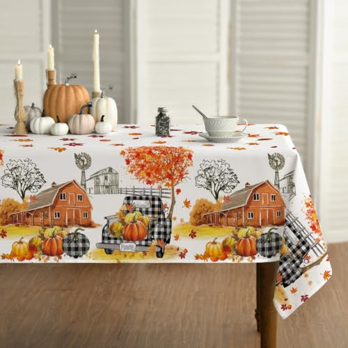 Horaldaily Herbst Tischwäsche 140x160 cm Rechteckig, Erntedankfest Herbsternte LKW Haus Schwarze Karierte Tischdecke für Party Picknick Abendessen Dekor