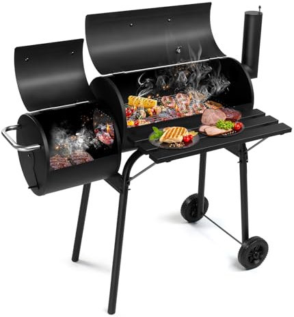 Barbecue au Charbon de Bois en Forme de tonneau de 43,7 po avec fumoir décalé, fumoir d'extérieur entièrement en métal avec Table d'appoint et roulettes pour la Cuisine en extérieur, dans Le Jardin,