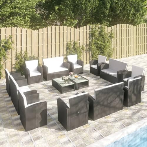 KATERYY 16-TLG. Garten-Lounge-Set mit Kissen Poly-Rattan Schwarz,Exklusives LoungeSet aus Polyrattan in zeitlosem Schwarz: Gemütlichkeit für Garten und Terrasse