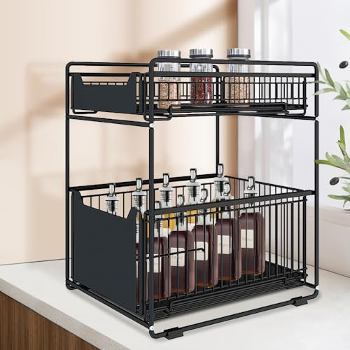 HUOLE Tablette Coulissante à 2 Niveaux, Porte-épices,Étagère à tiroirs pour Placard de Cuisine, 2 paniers, pour Salle de Bain Cuisine Comptoir Armoire - Organisateur sous Evier Salle de Bain