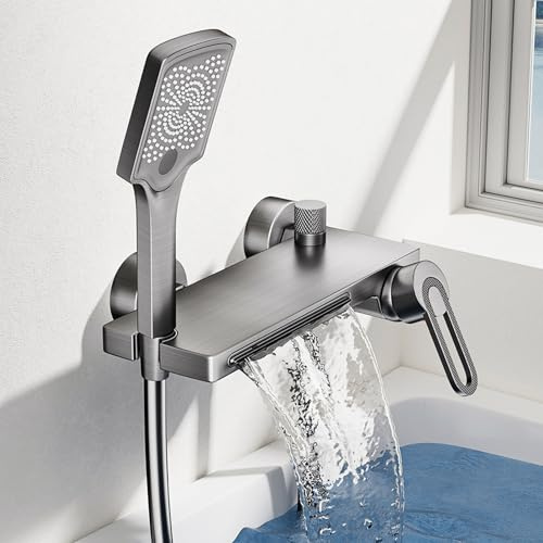BiaoTeng Wandmontage Badewannenarmatur mit Handbrause Wannenarmatur Wasserfall Heiß und Kalt Einhebelmischer Wand Mischbatterie Badewanne mit Handbrause Grau