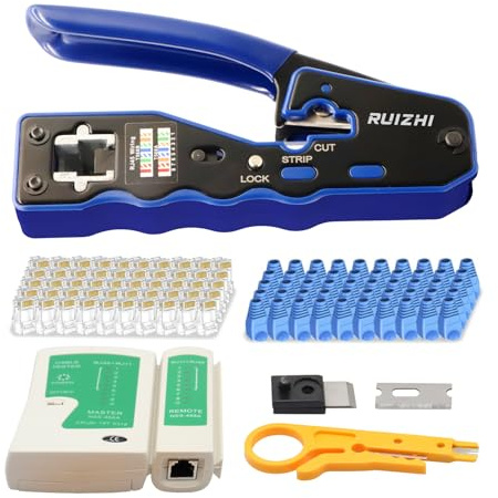 RJ45 Crimpwerkzeug Set Kabeltester, mit 50 RJ45 CAT5 CAT5e Steckern, CAT5 Cat5e Crimpzange, Netzwerk Abisolierzange All-in-One-RJ45-Crimpwerkzeug-Set