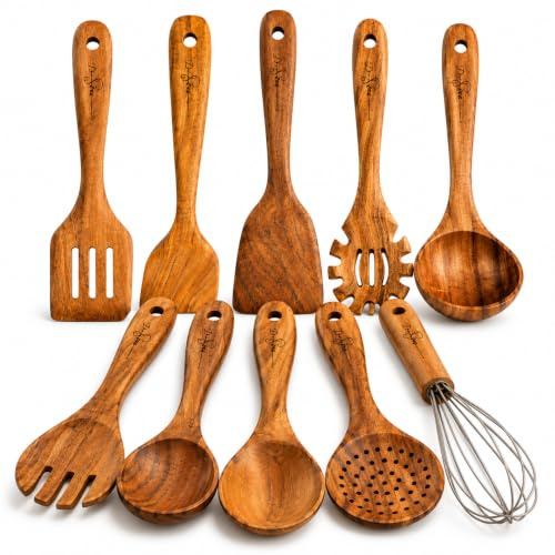 D.Sirez 10 Piece Premium Teak Wood Kitchen Utensil Set, Wooden Cooking Utensils, Heat Resistant Kitchen Tools, Includes Spatulas, Spoons, Ladle, Pasta Server & Whisk
