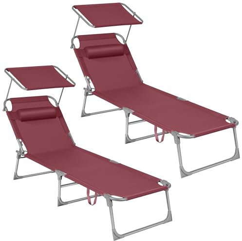 SONGMICS Sonnenliege, 2er Set, klappbarer Liegestuhl, 193 x 53 x 29 cm, bis 150 kg belastbar, Sonnenschutz, Kopfstütze, verstellbare Rückenlehne, für Garten, Pool, Terrasse, rot ZH2504066