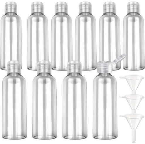 GAOMESIA 10 Pièces Flacons de Voyage 100ml avec 3 Entonnoirs, Bouteilles Vides en Plastique Transparentes, Contenants Rechargeables pour Lotion, Shampoing, Gel Douche, Cosmétiques