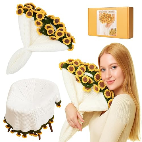 Yarniss Finished Crochet Sunflower Bouquet Blanket,49 Inch Round Sunflower Floral Knitted Gift,Hand Crocheting Blanket(52pcs Petals)