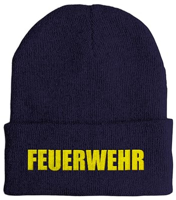 tshirtladen Beanie Mütze Navy Bestickt mit Feuerwehr Schriftzug in verschiedenen Stickfarben doppellagig elastisch Unisex Strickhaube für Herbst Winter Freizeit Arbeit und Einsatz