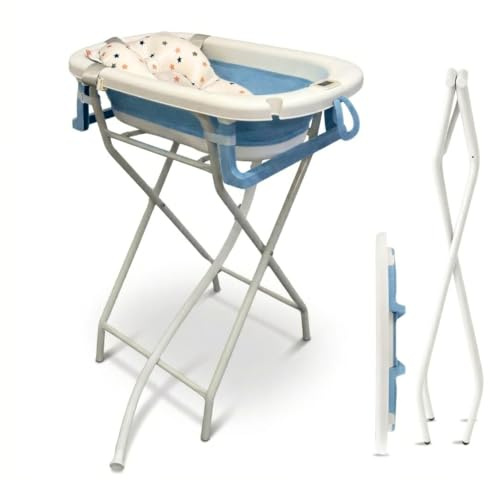 BATHBY Bañera de Bebé con Cojín Reductor, Termómeto y Soporte Plegable | Pack Completo para Recién Nacidos | Bañera Ligera, Segura y Compacta | Soporte Elevado Estable y Fácil de Guardar (Azul)