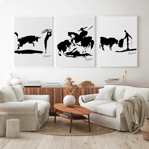 Póster e impresión de silueta humana y toro de Picasso abstracto, lienzo blanco y negro, arte de pared, decoración del hogar (60 x 80 cm, 3 unidades)