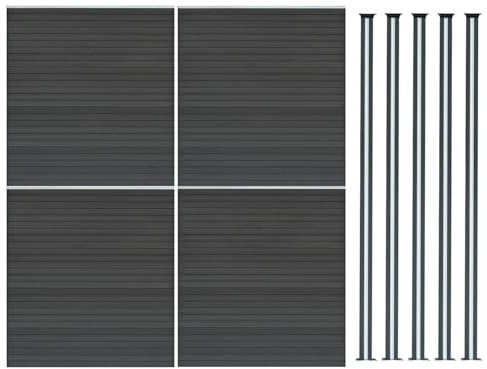 WPC Sichtschutzzaun x4 & Aluminium Zaunpfosten x5, 1,85m Steckzaun Grau Doppelseitig Holzmaserung Lattenzaun Kunststoff Garten Einfahrt Sichtschutz 185cm x 699cm, Solarbetriebene LED-Beleuchtung