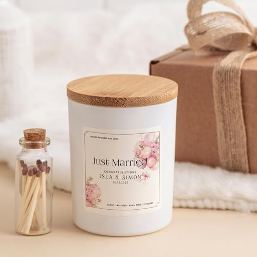 Pomchick - Personalised Just Married Candle Gift Set Custom Wedding Keepsake with Couple’s Names and Date Vegan Soy Wax Gift for Bride and Groom